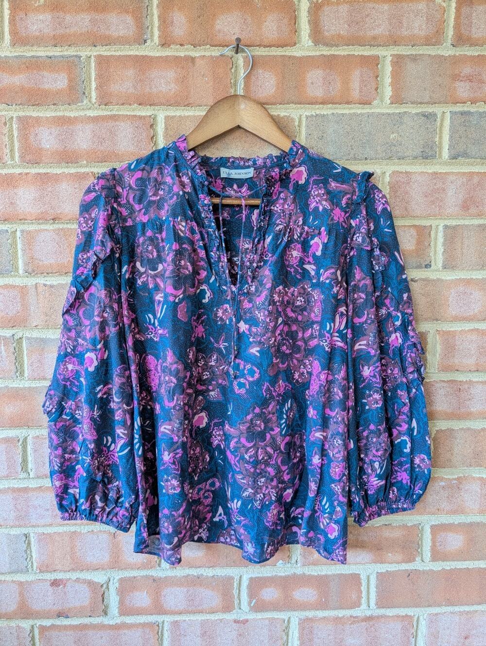 Ulla Johnson Rana Floral Puff Sleeve Blouse Top in Midnight Size 2 Blue Pink